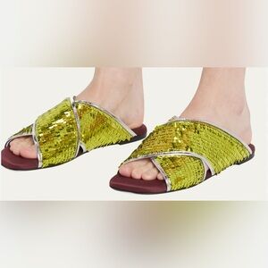 NEW IN BOX La DoubleJ Chartreuse Sequin Holiday Slide Sz39 IT US 8/8.5 SO CHIC!